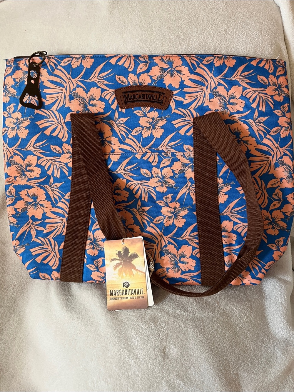 Margaritaville Blue and Peach Floral Canvas Cooler Tote with Brown Straps